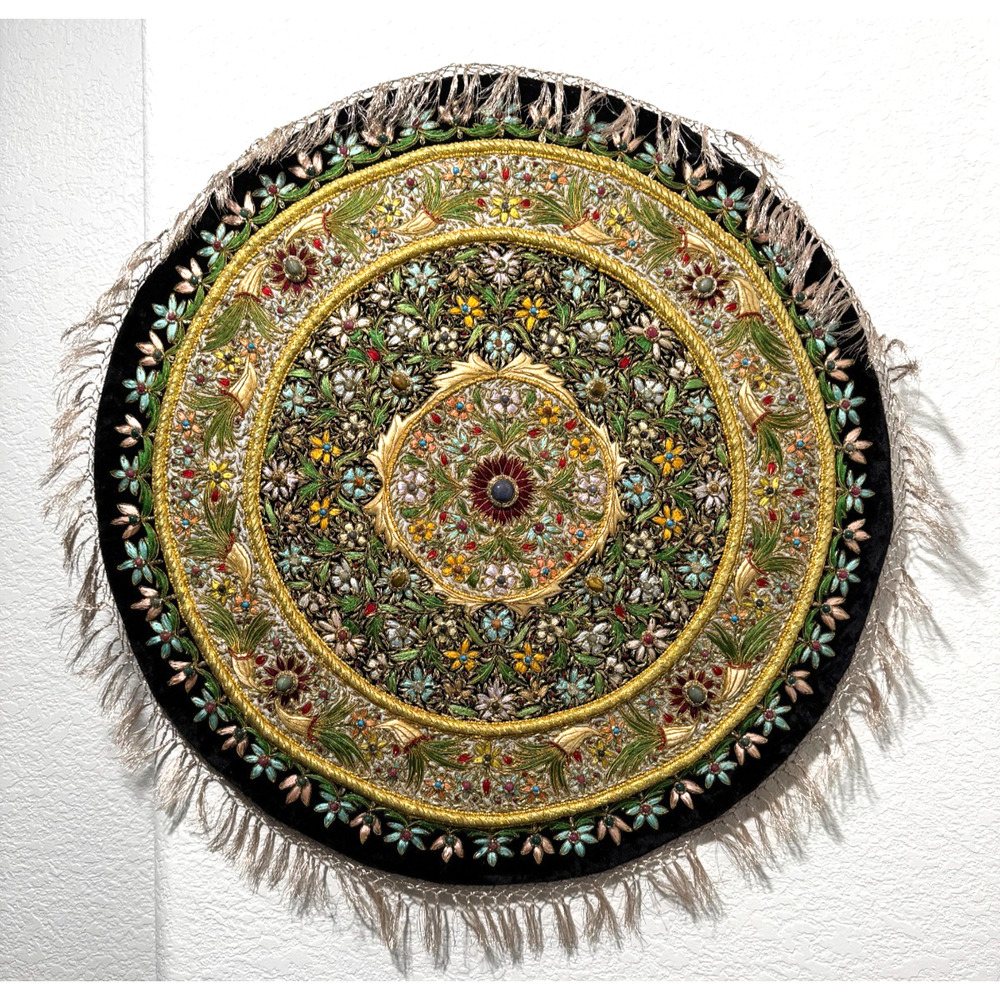 2'x2' Round Zardozi Embroidery Tapestry Exquisite Wall Hanging Black Velvet Bead